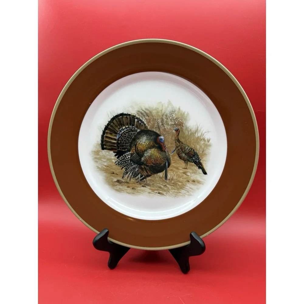 2 RARE Williams Sonoma Woodland Turkey Rimmed Dinner Plates 11
